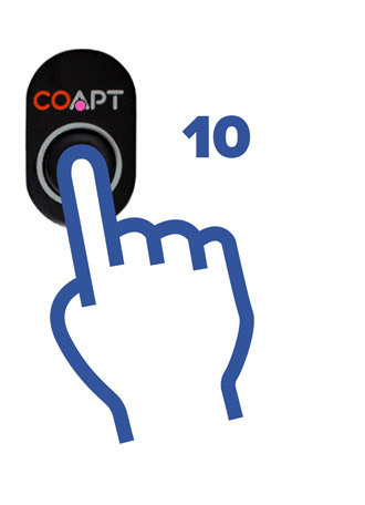 A finger holding the Coapt button for 10 seconds